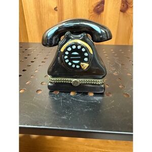 Vintage Black Rotary Telephone Trinket Box Hinged Porcelain 3" Miniature